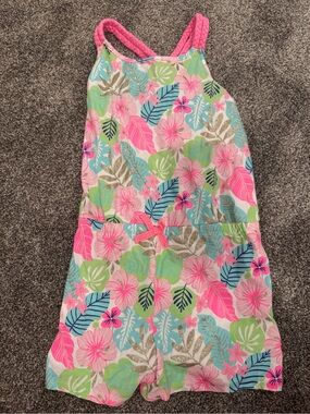 Girls Tropical Floral Pink & Aqua Romper
